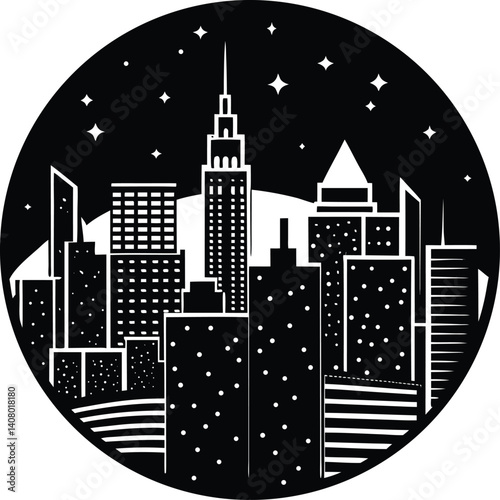 Skyline Night Round Silhouette Vector | Cityscape Vector Design