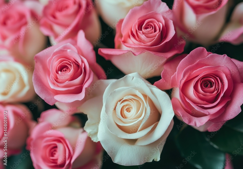 Fototapeta premium Beautiful Arrangement of Pink and White Roses Displaying Freshness and Romance for Floral Decoration or Gift Ideas