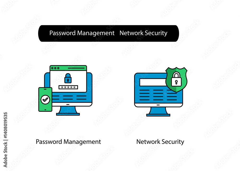 Fototapeta premium Cybersecurity Icons for Secure Password Storage and Network Protection Systems