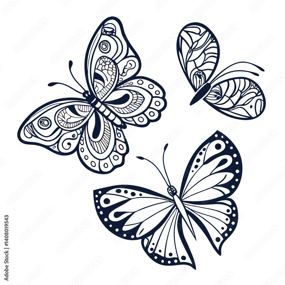 Fototapeta premium Monarch butterfly silhouettes collection, vector illustration isolated on white background.