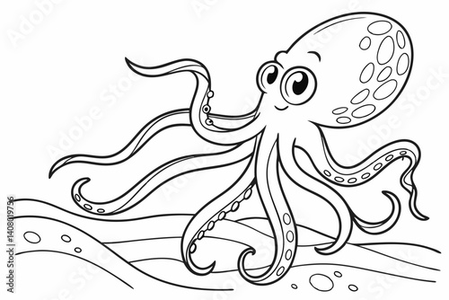 Coloring Pages, a silly octopus with waving tentacles, uncolored, black and white