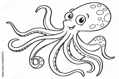 Coloring Pages, a silly octopus with waving tentacles, uncolored, black and white