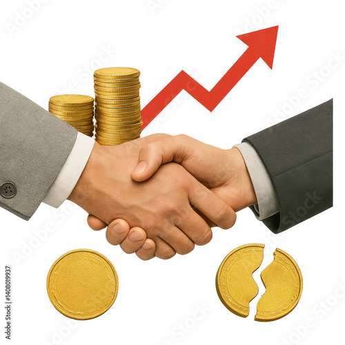 Business Handshake with Coins and Growth Arrow Symbolizing Financial Success