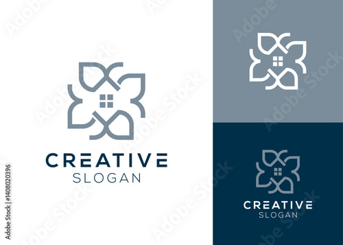 R rotation and house with leaf or flower elements logo design for real estate or hotel