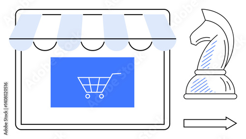 Shopping storefront window with a cart sign, chess knight for strategy, and an arrow for direction. Ideal for business, strategy, marketing, e-commerce, planning, online shopping flat simple