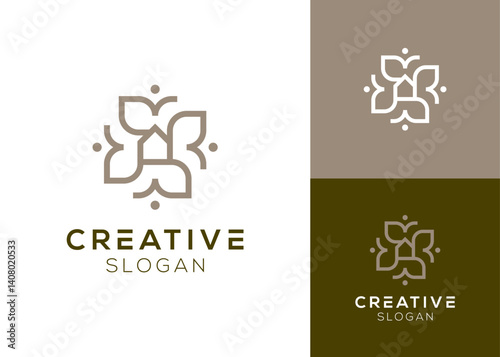R rotation and house with leaf or flower elements logo design for real estate or hotel