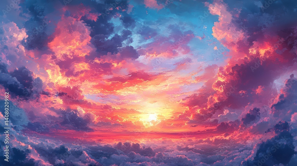 Dramatic Sunset Over Cloudscape with Vivid Colors and Textured Sky View in a Tranquil Atmosphere Dramatic Sunset Over Cloudscape with Vivid Colors and Textured Sky View in a Tranquil Atmosphere