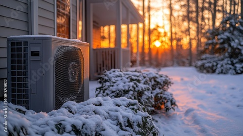 outdoor heat pump unit covered,snow providing energy efficient home heating in winter,stock image