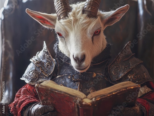 A distinguished goat clad in decorative armor engrossed in reading, blending fantasy and bestial elements with an academic touch.