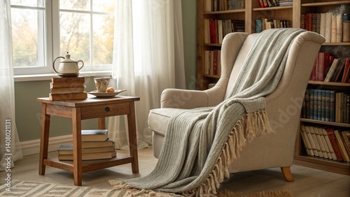 Fototapeta Naklejka Na Ścianę i Meble -  woman,dog,outdoor street barger,cake,delicious dessert sweets,skin cream,tameplate,A serene reading nook featuring an oversized armchair draped with a soft, plush blanket in muted tones. A small woode