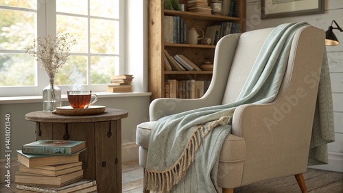 Fototapeta Naklejka Na Ścianę i Meble -  woman,dog,outdoor street barger,cake,delicious dessert sweets,skin cream,tameplate,A serene reading nook featuring an oversized armchair draped with a soft, plush blanket in muted tones. A small woode