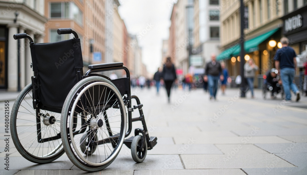 Obraz premium Wheelchair on Urban Sidewalk with Blurred Pedestrians for Accessibility Awareness, Disability Advocacy, Urban Planning, and Social Inclusion Campaigns