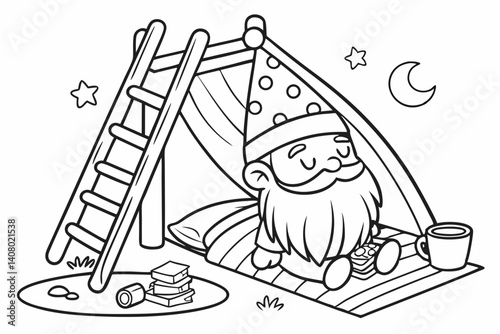 Coloring Pages, a sleepy gnome with a long beard and a nightcap, colorless, uncolored, black and white