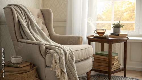 Fototapeta Naklejka Na Ścianę i Meble -  woman,dog,outdoor street barger,cake,delicious dessert sweets,skin cream,tameplate,A serene reading nook featuring an oversized armchair draped with a soft, plush blanket in muted tones. A small woode