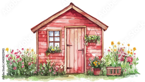 Serene Watercolor Garden Shed Illustration for Relaxing Natural Scenes