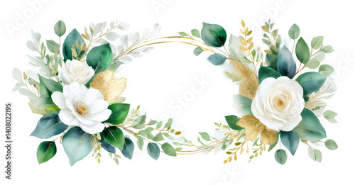 Akwarelowy wianek z białymi kwiatami i złotem – pusta ramka ślubna lub zaproszenie