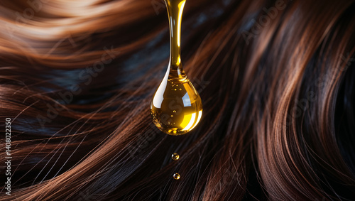 close up dark hair, oil drop, hair care concept