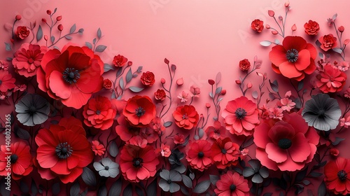 Fototapeta Naklejka Na Ścianę i Meble -  paper cut style red flowers,heart shapes on a soft pink background flat lay composition,copy space perfect for valentine s day love wedding or romantic greeting cards generative ai,stock image