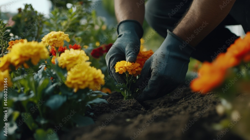 Naklejka premium Hispanic landscaper planting flowers in a garden bed. Featuring landscaping and garden design