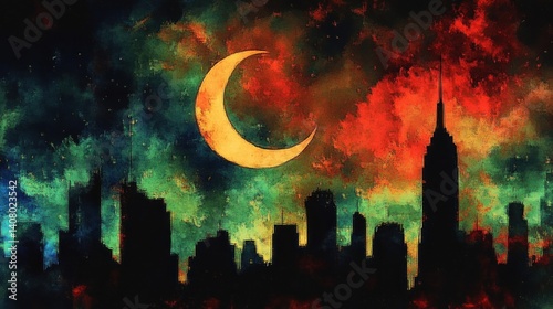 Surreal Watercolor Cityscape Night Sky Abstract Art