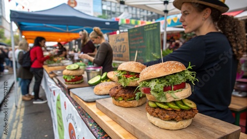 Fototapeta Naklejka Na Ścianę i Meble -  woman,dog,outdoor street barger,cake,delicious dessert sweets,skin cream,tameplate,A serene reading nook featuring an oversized armchair draped with a soft, plush blanket in muted tones. A small woode