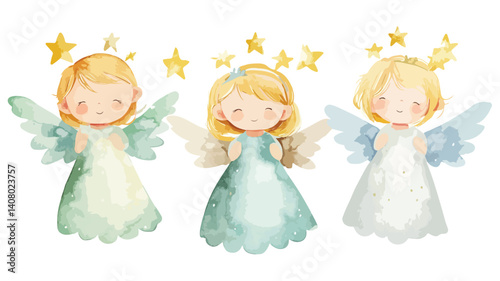 Christmas Baby Angels Watercolor Flat Vector Illustration