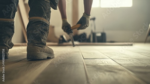 Carpenter installing a wooden floorboard. Featuring craftsmanship and floor installation