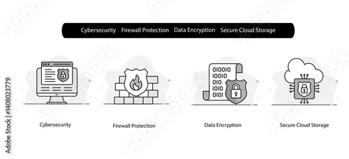Secure Data Encryption Icons for Firewall and Cloud Cybersecurity Defense