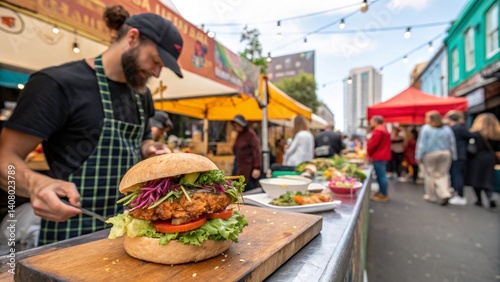 Fototapeta Naklejka Na Ścianę i Meble -  woman,dog,outdoor street barger,cake,delicious dessert sweets,skin cream,tameplate,A serene reading nook featuring an oversized armchair draped with a soft, plush blanket in muted tones. A small woode