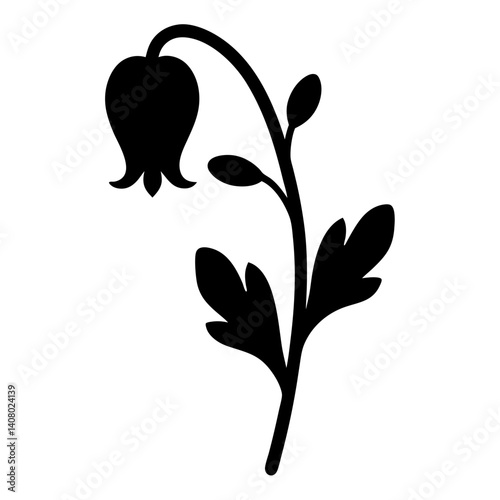 Silhouette of a stylized bellflower plant with leaves and curving stem