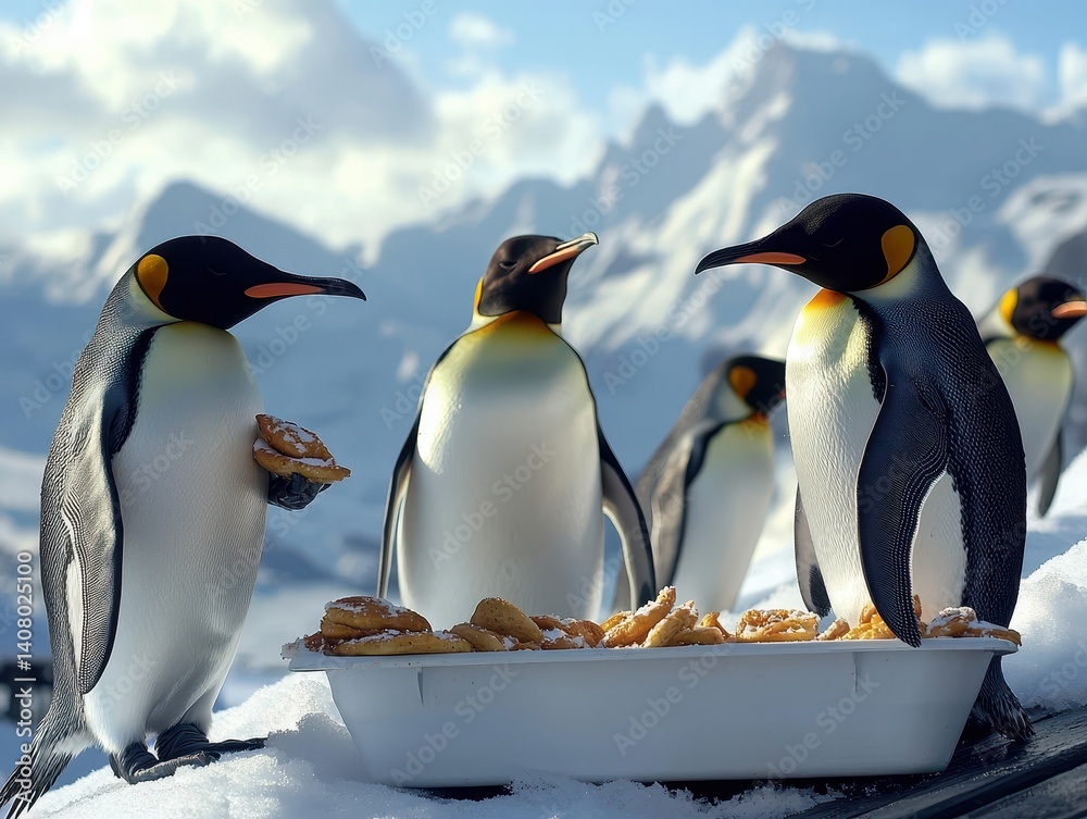 Fototapeta premium Penguins enjoying a snow snack, sharing a tray of treats in a winter landscape with a mountain backdrop under a clear sky.