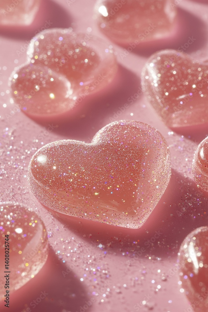 Obraz premium Pink Heart Shaped Glitter Candies on Pastel Surface