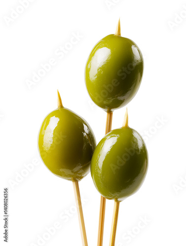 Trois olives vertes sur des cure-dents, isolées sur fond blanc