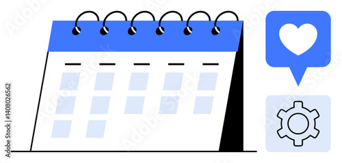 Spiral-bound calendar with highlighted dates, heart notification suggesting engagement, and gear symbol for settings. Ideal for time management, event planning, reminders, priorities, customization