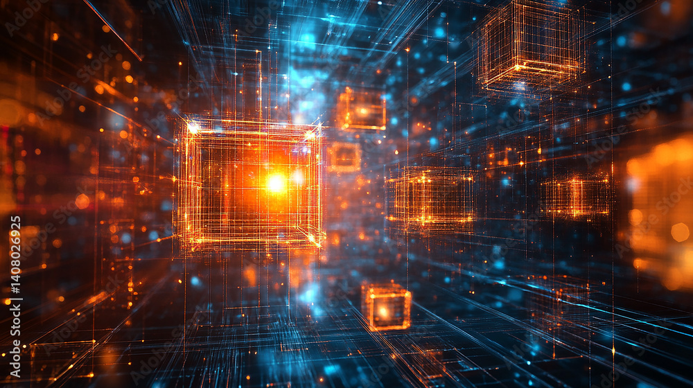 Abstract 3D Digital Grid with Glowing Cubes and Sparkling Data Elements, Futuristic Technology Visualization. Abstract 3D Digital Grid with Glowing Cubes and Sparkling Data Elements, Futuristic Technology Visualization.