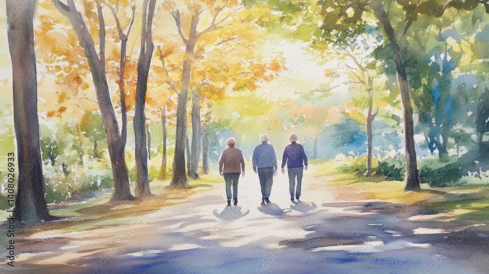 Three Seniors Enjoying a Peaceful Autumn Walk Through a Sunlit Park Three Seniors Enjoying a Peaceful Autumn Walk Through a Sunlit Park
