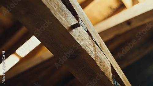 Carpenter installing wooden beams for a roof structure. Featuring beam installation and roof framing
