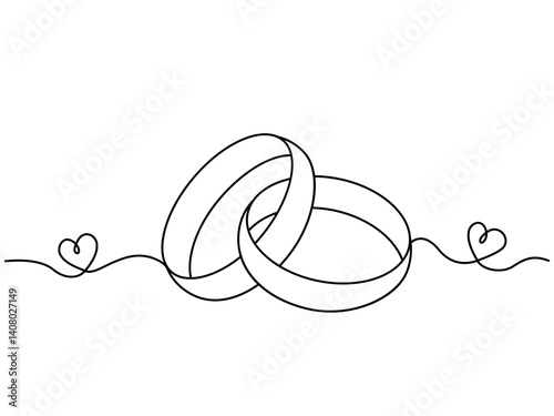 two wedding rings connected together with endless line. love and wedding anniversary concept. flat vector illustration on white background isolated