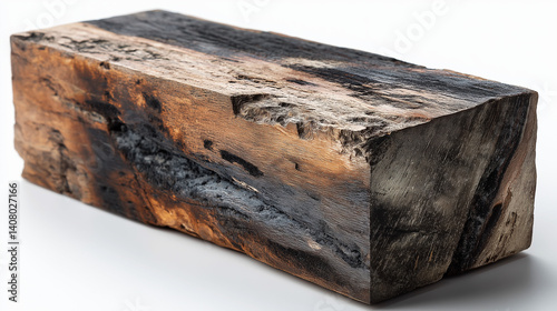 Une bûche de bois de coupe carrée en partie brûlée, isolée sur fond blanc