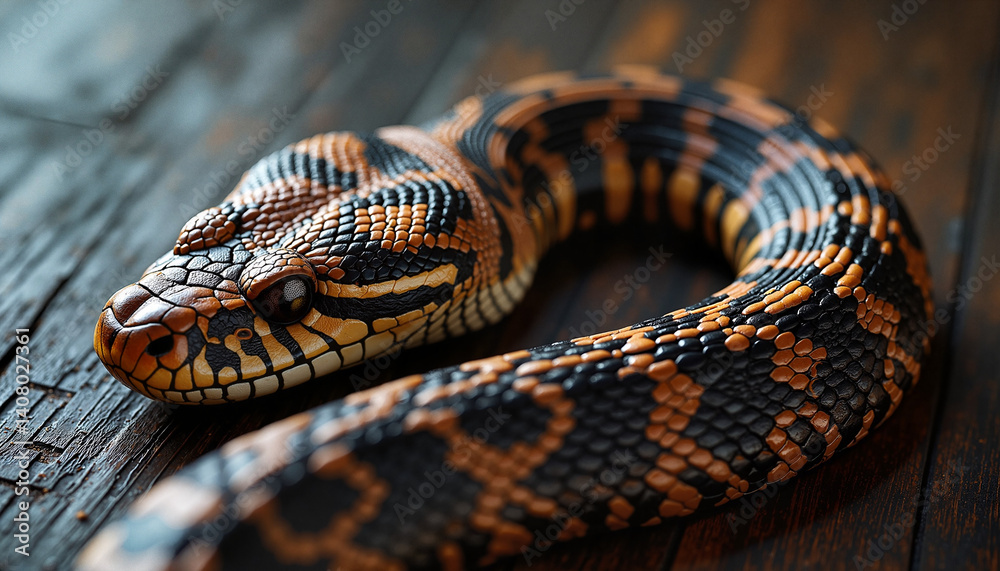 Fototapeta premium Colorful snake resting on wooden surface