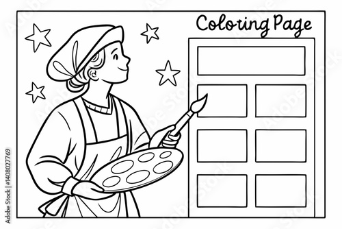 Coloring Pages, a thoughtful artist with a paintbrush and palette, colorless, uncolored, black and white