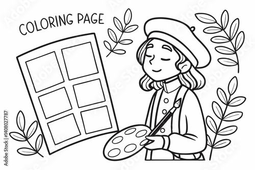 Coloring Pages, a thoughtful artist with a paintbrush and palette, colorless, uncolored, black and white
