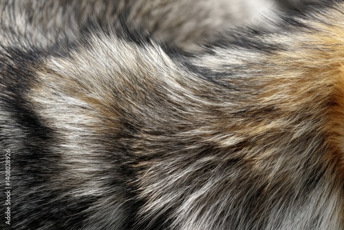 Dense, layered fur showcases a warm color gradient on a resting wolf’s back, highlighting individual strands in a detailed overhead shot.