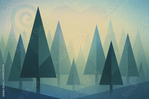 Minimalist Geometric Forest Landscape with Pine Trees at Sunset