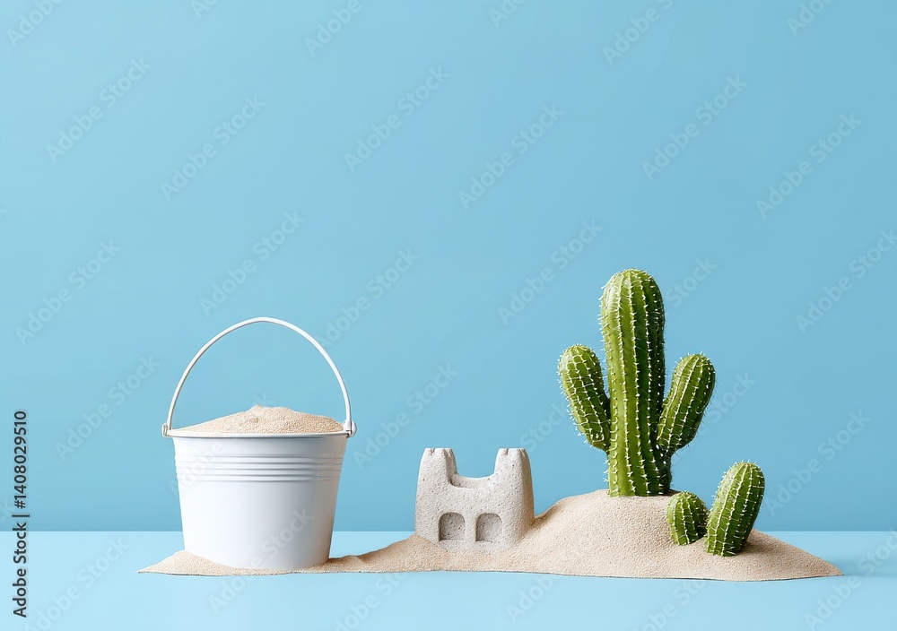 Summer Fun Scene with Bucket, Sandcastle, and Cactus on Light Blue Background