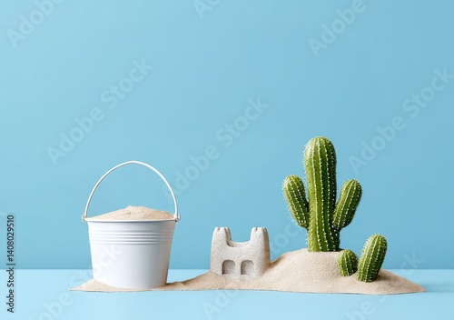 Obraz na płótnie Summer Fun Scene with Bucket, Sandcastle, and Cactus on Light Blue Background w salonie