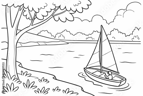 Coloring Pages, a toy sailboat on a calm lake, colorless, uncolored, black and white