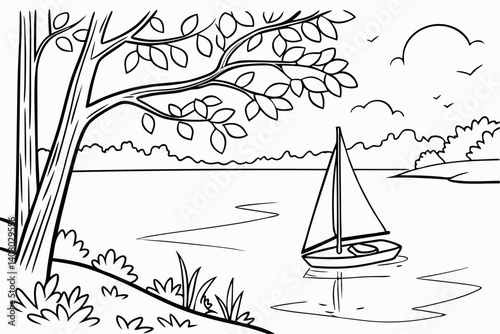 Coloring Pages, a toy sailboat on a calm lake, colorless, uncolored, black and white