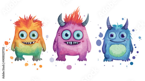 Adorable Little Monster Character Playing with Water - Cute Monster Illustration
