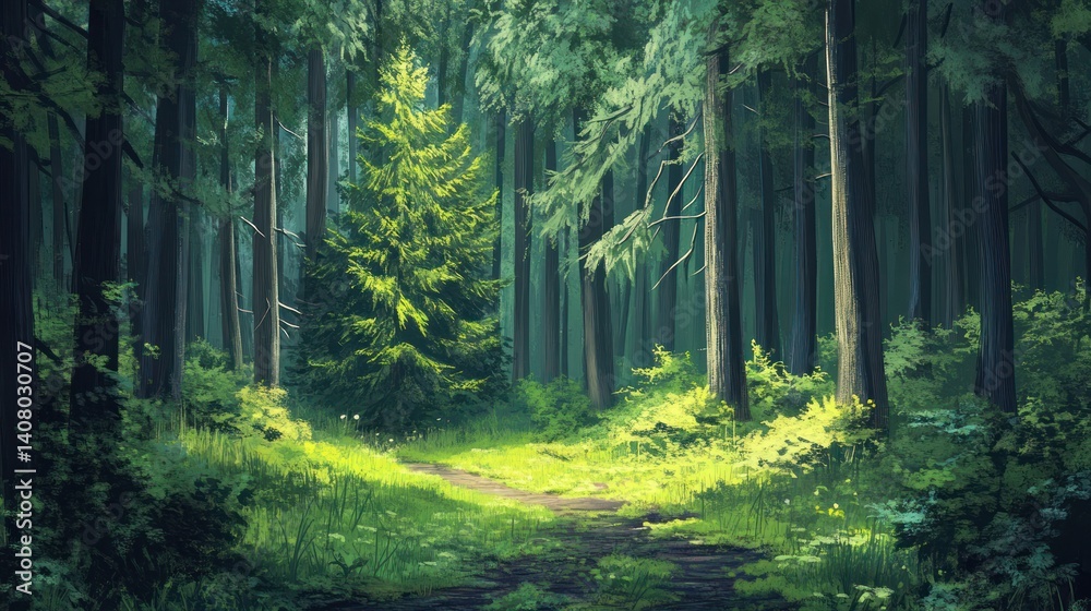 Obraz premium Lush green forest path bathed in sunlight.